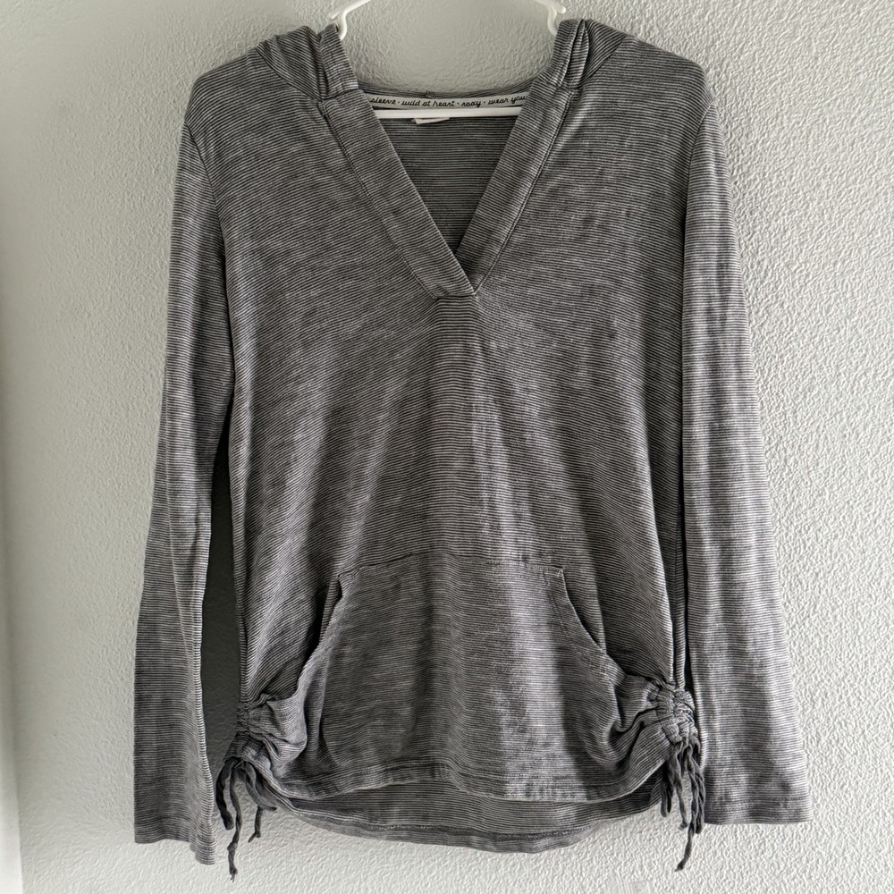 ROXY Women V Neck Grey Striped Hooded Cinched‎ Long Sleeve Top Junior L Boho Y2K